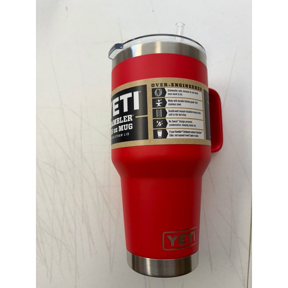 Yeti 30oz Rambler Travel mug Straw, Handle * Rescue Red * New Label Torn